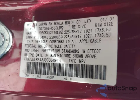 2007 Honda Cr-V Lx from USA, damaged, VIN JHLRE48397C049451